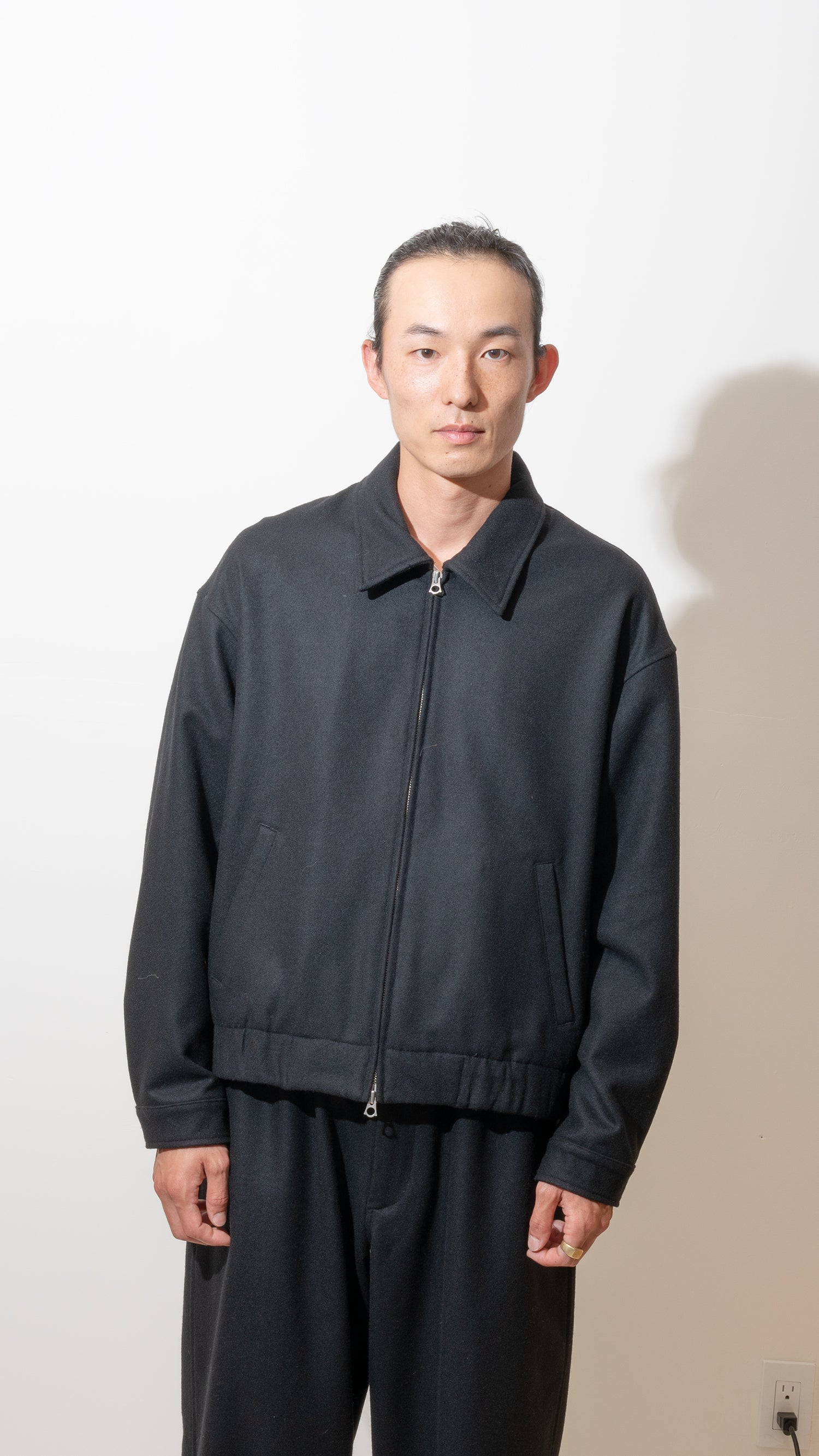 MACHINE JACKET - PIECE DYED BLACK WOOL COMBED TWILL