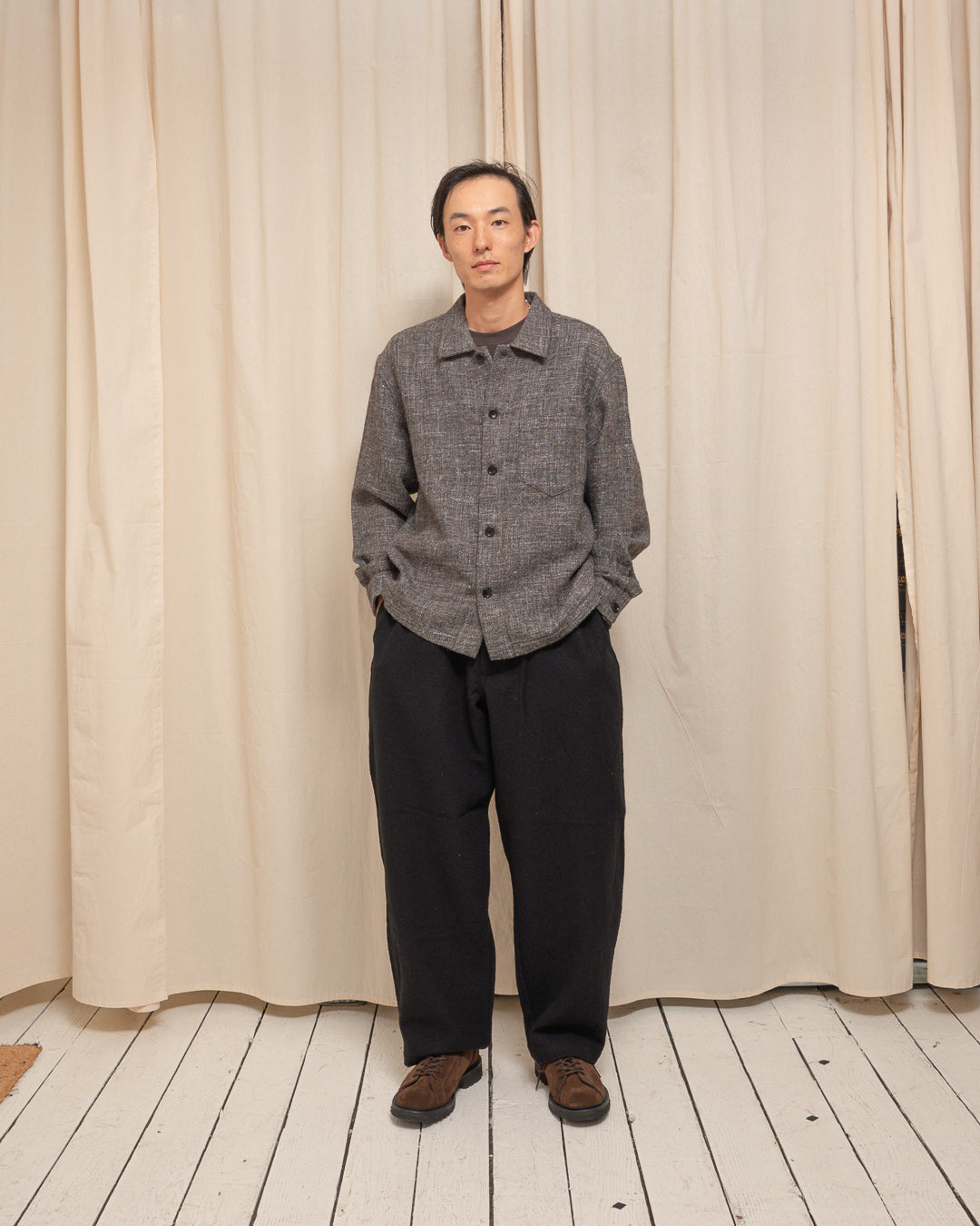 TRAVAIL SHIRT - GREY/BROWN SHETLAND WOOL/LINEN TWILL