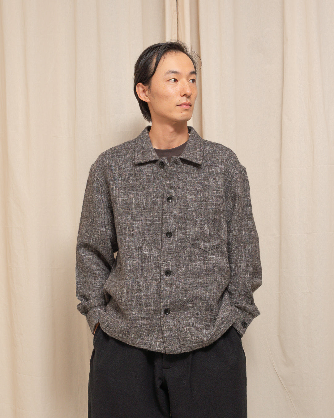 TRAVAIL SHIRT - GREY/BROWN SHETLAND WOOL/LINEN TWILL