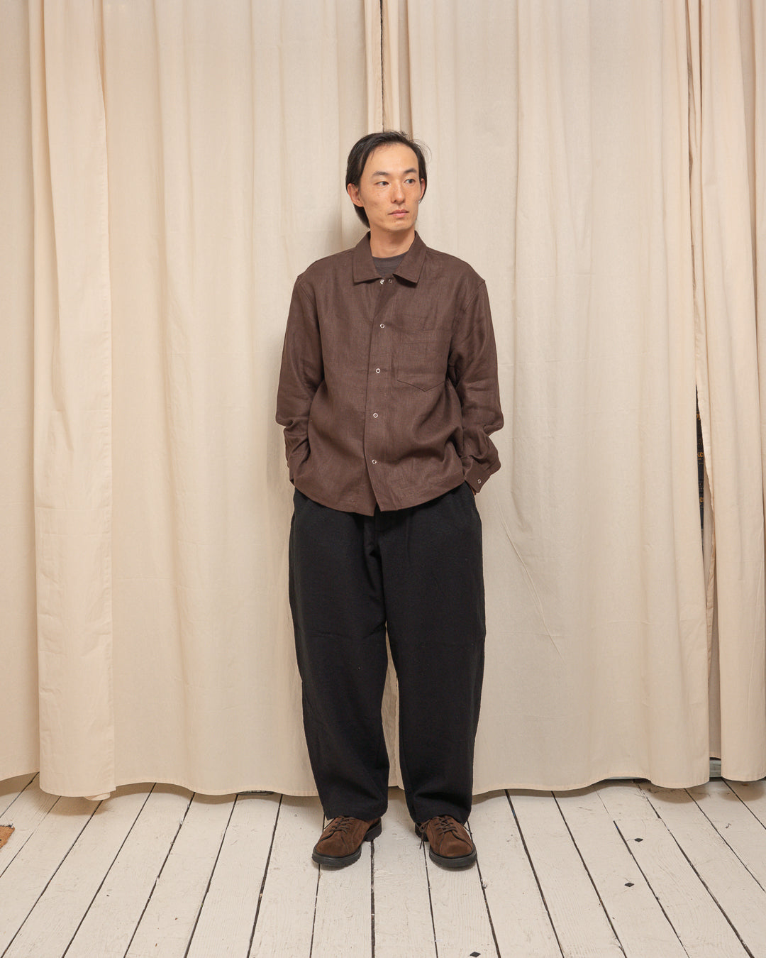 WORKSHOP SHIRT - DARK BROWN PIECE DYED LINEN GABARDINE