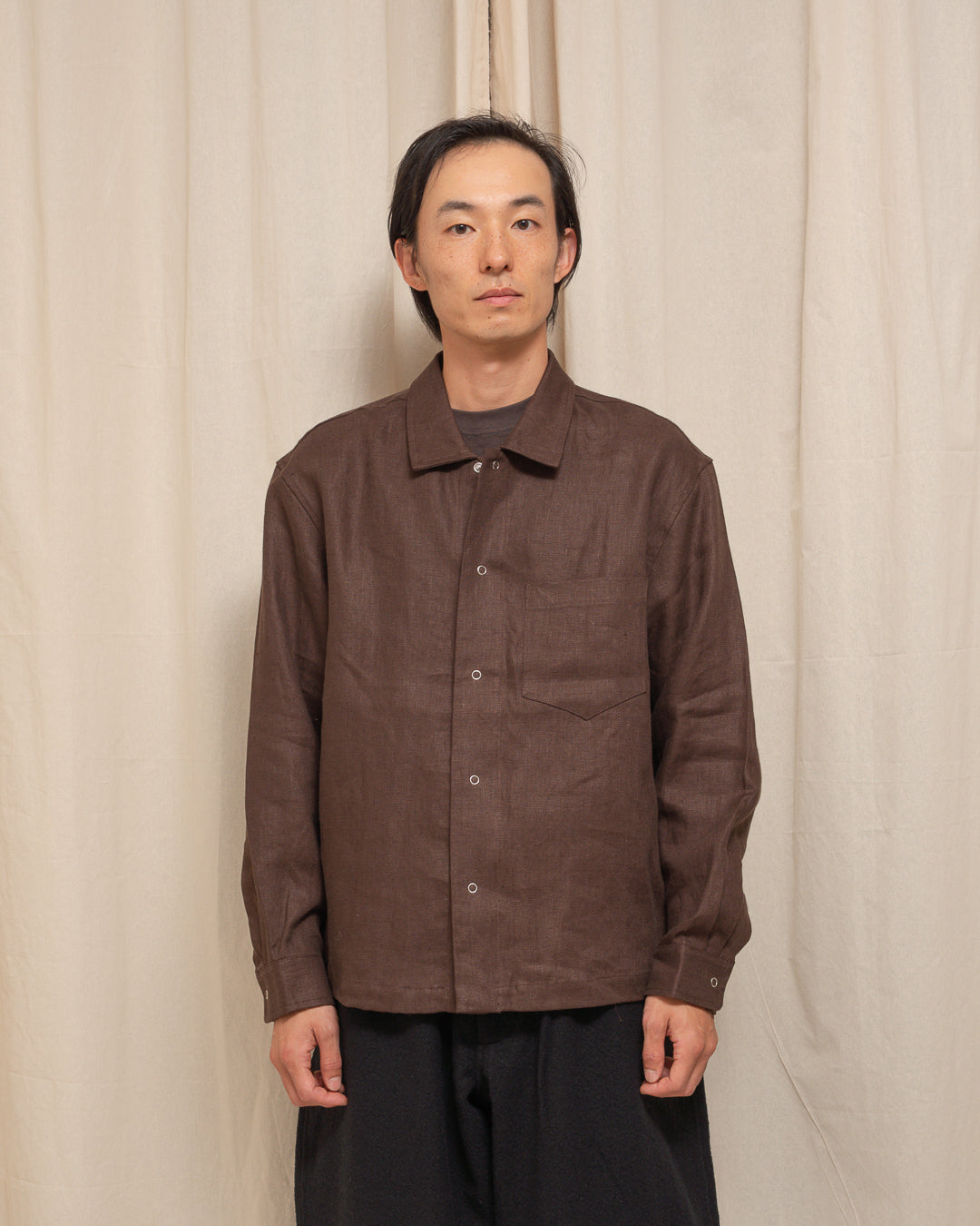 WORKSHOP SHIRT - DARK BROWN PIECE DYED LINEN GABARDINE