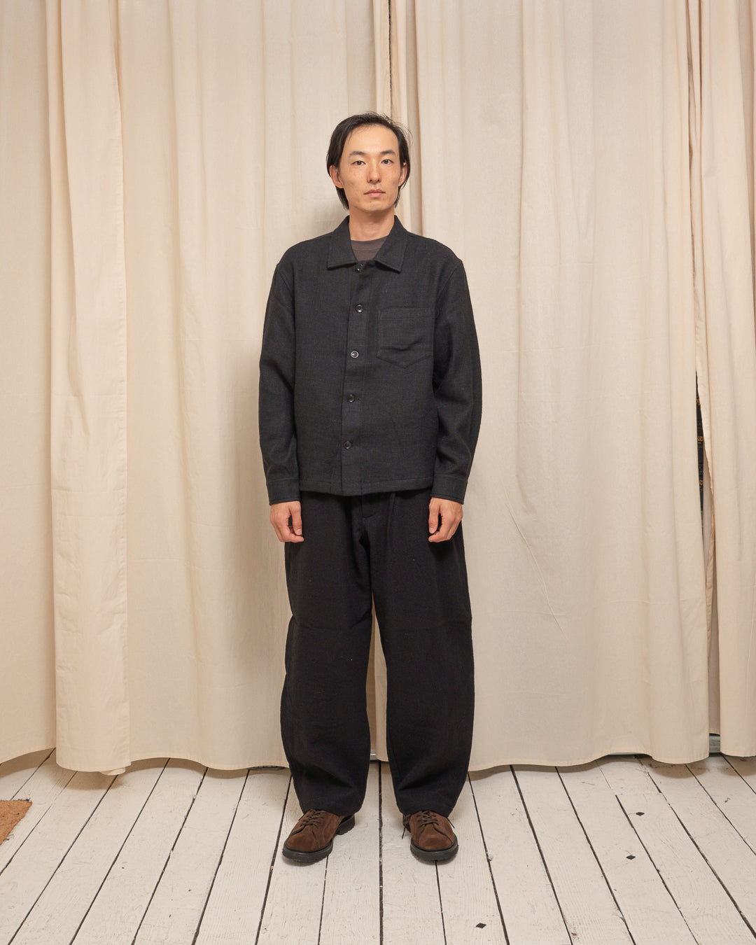 TRAVAIL SHIRT - BLACK SHETLAND WOOL/LINEN TWILL