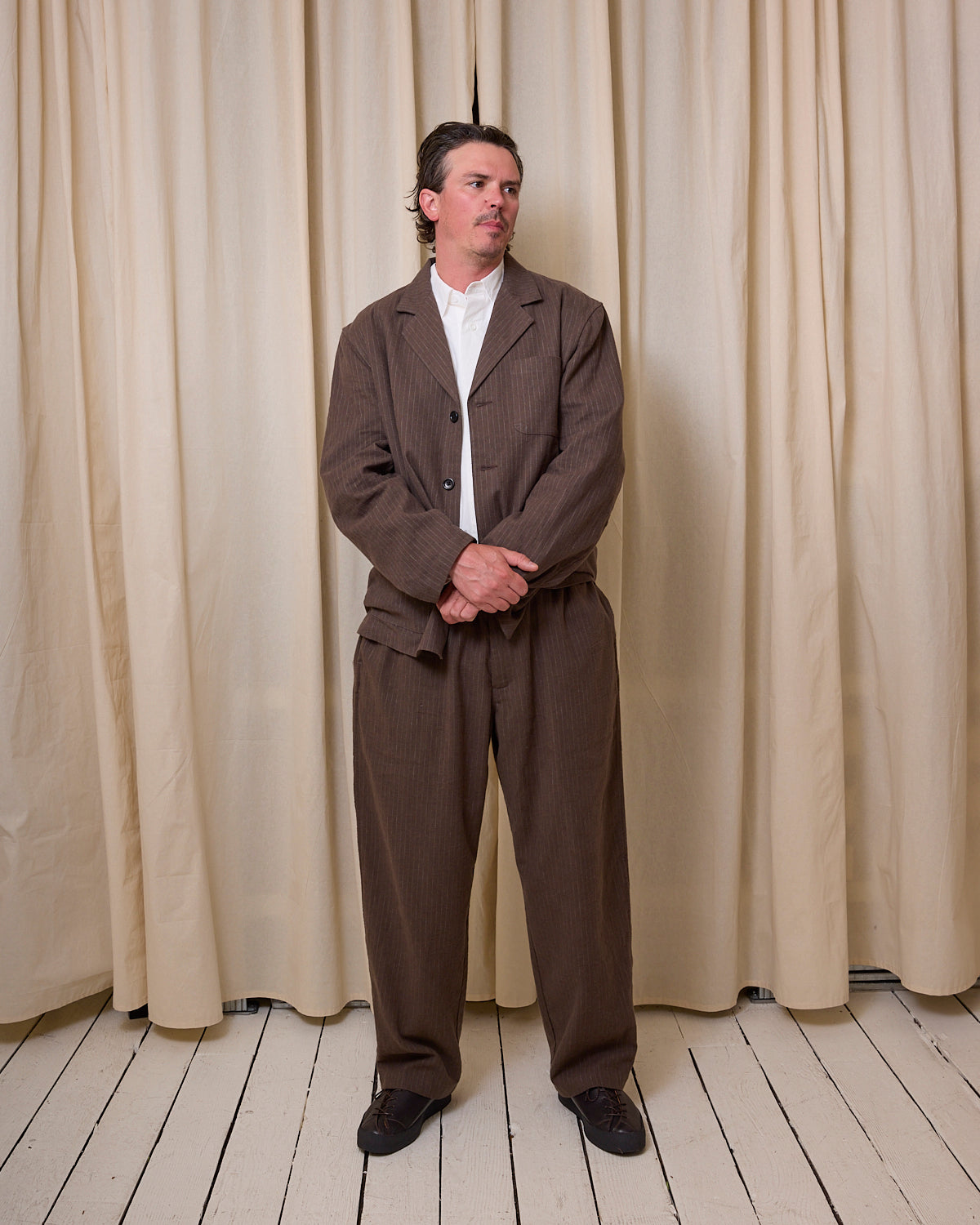 CARRY ON PANT - BROWN CHALKSTRIPE BRUSHED TWILL