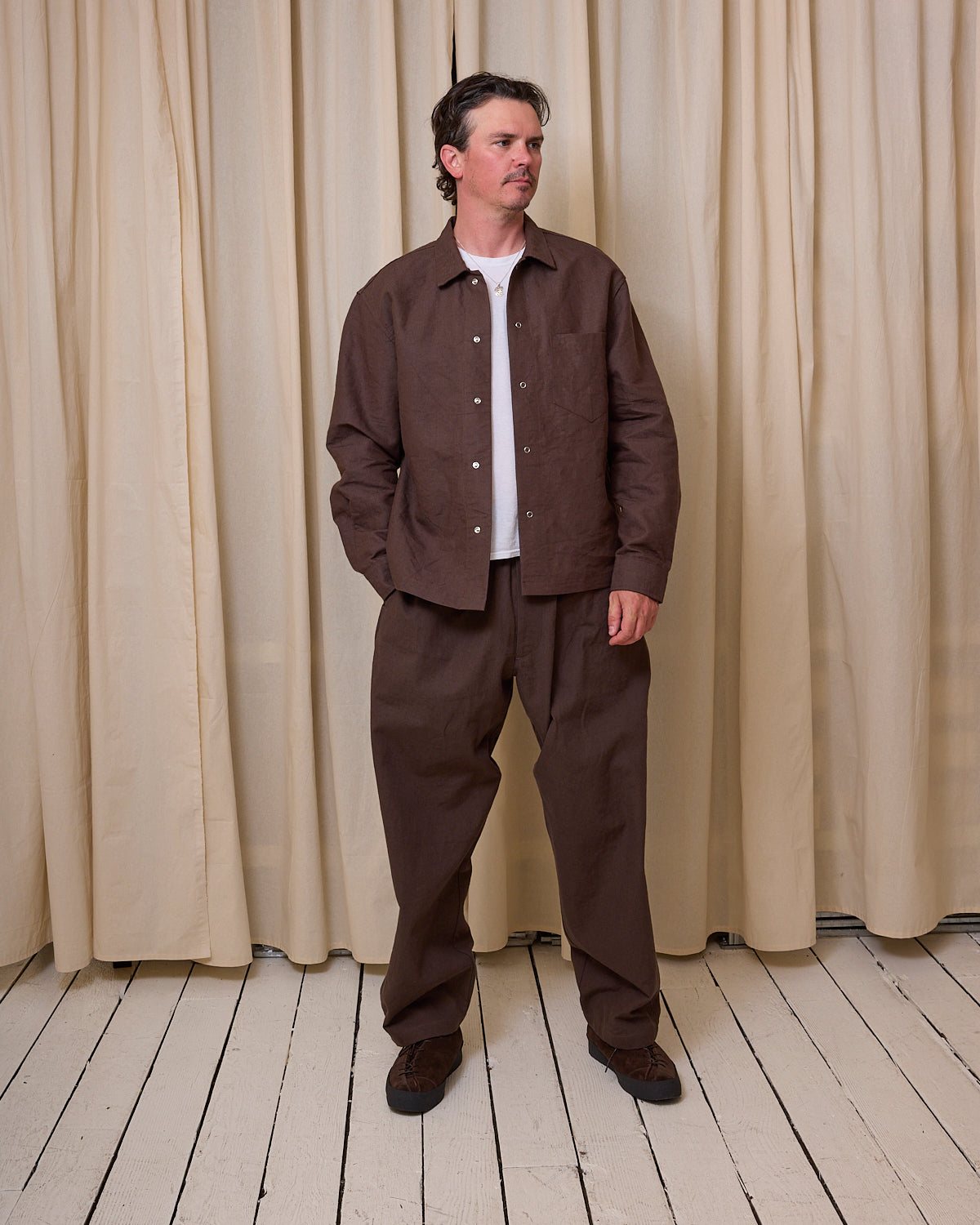 WORKSHOP SHIRT - DARK BROWN LINEN/WASHI WEATHER CLOTH – James Coward
